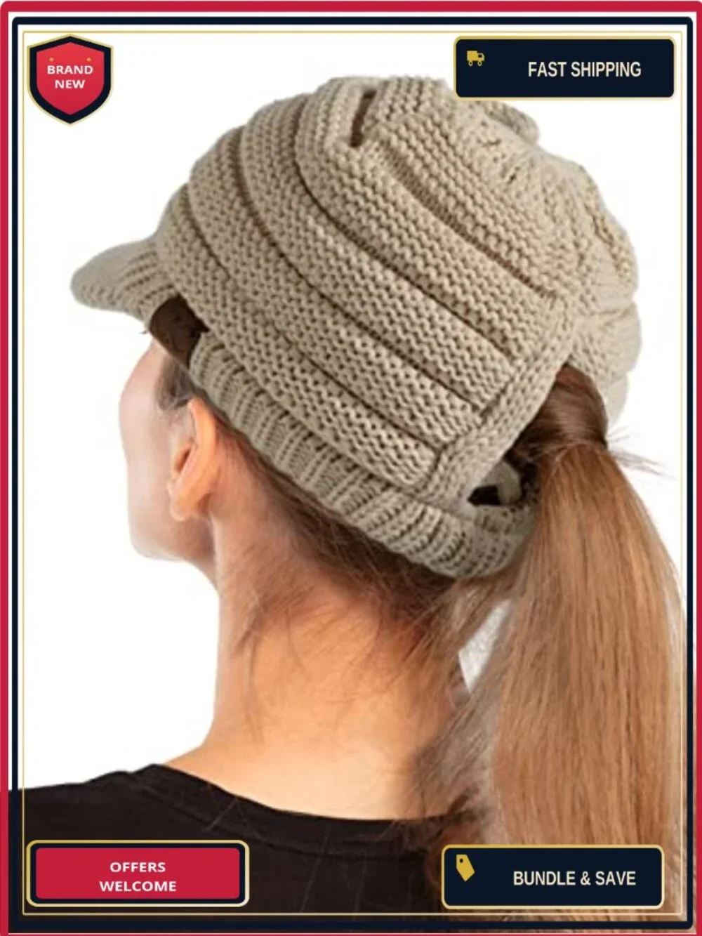 Ribbed Knit Beanie Hat with Ponytail Hole Stretchy Winter